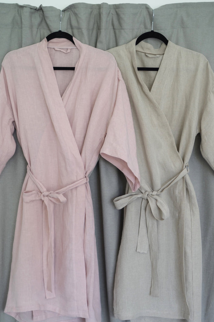 Soft Woman Linen Robes With Hidden Side Pockets Basic Bathrobe Pink Natural