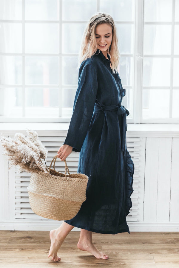 Stonewashed Linen Dressing Gown Organic Robe Wedding Robe Ruffle Bathrobe Dark Blue