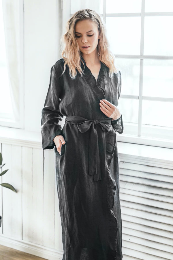 Stonewashed Linen Robe Flounce Robe Frill Robe Robe With Pockets Ruffle Bathrobe Dark Grey