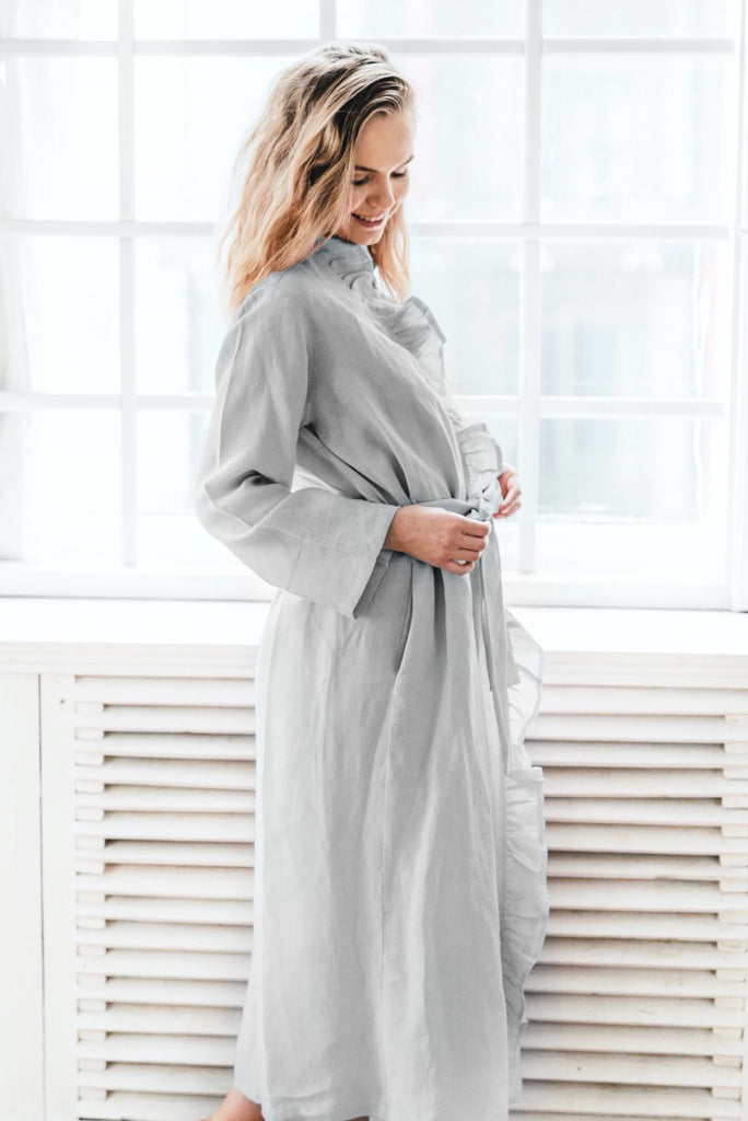 Stonewashed Linen Robe Flounce Robe Frill Robe Robe With Pockets Ruffle Bathrobe Light Grey