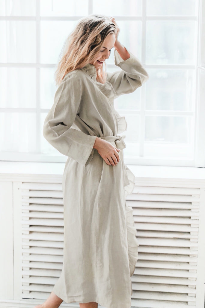 Stonewashed Linen Robe Flounce Robe Frill Robe Robe With Pockets Ruffle Bathrobe Natural