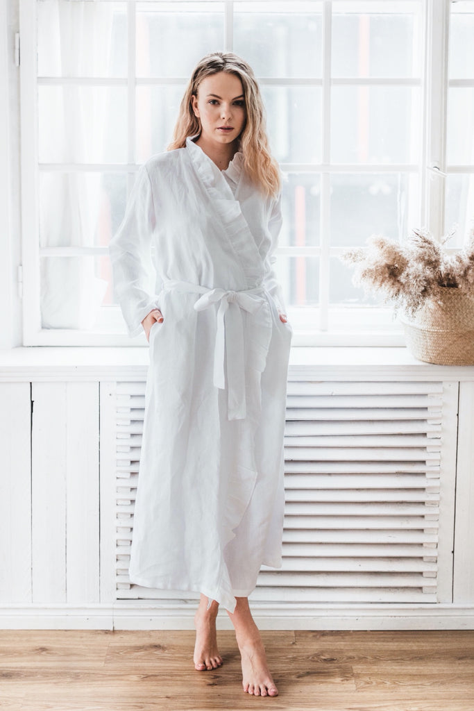 Stonewashed Linen Robe Flounce Robe Frill Robe Robe With Pockets Ruffle Bathrobe Pure White