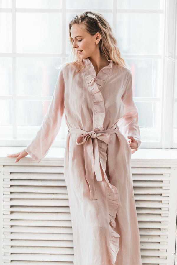 Stonewashed Linen Robe Women Robe Plus Size Ruffle Bathrobe Pink