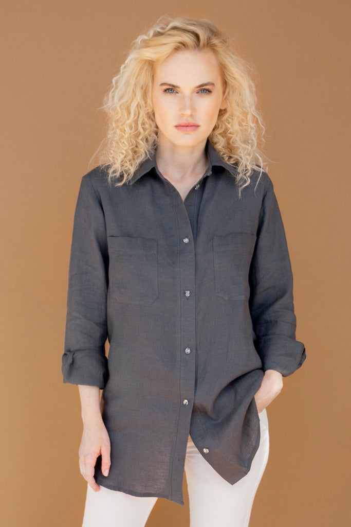 Stonewashed Loose Linen Shirt Button Up Shirt Womens Shirt Adrienne Dark Grey