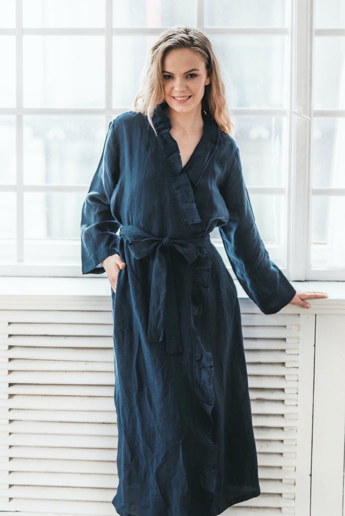 Stonewashed Ruffle Robe Flounce Robe Robe With Pockets Linen Robe Ruffle Bathrobe Dark Blue