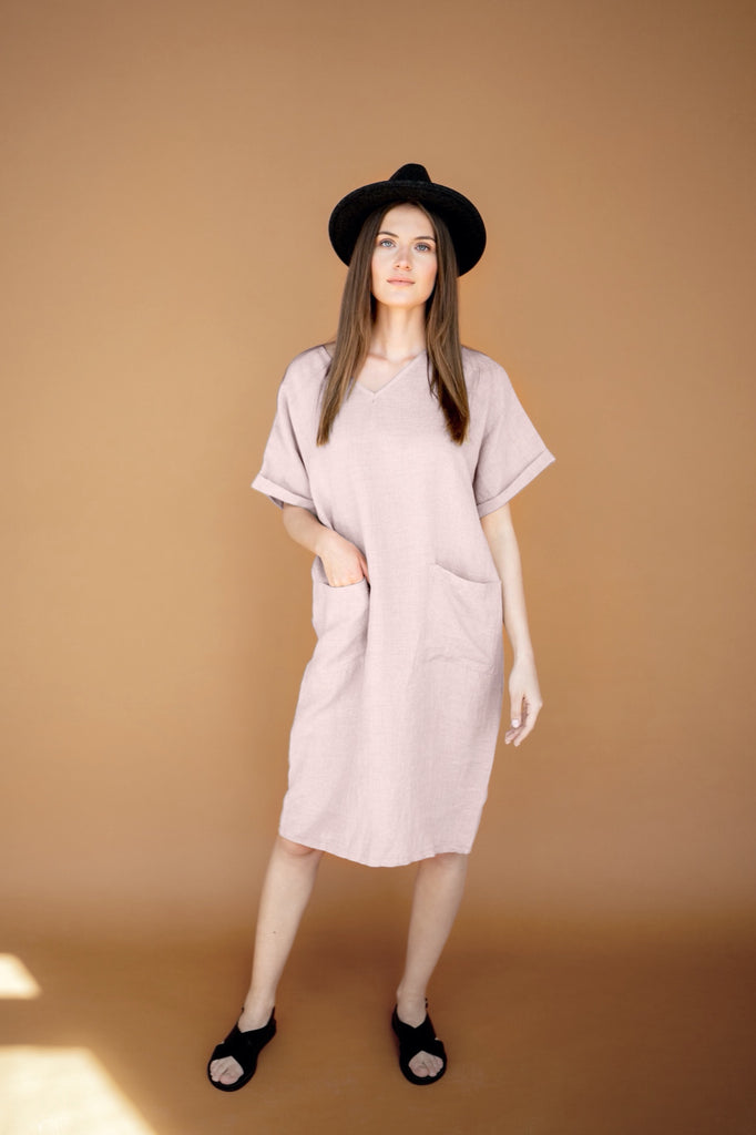 Summer Dress Adeline Linen Dress V Neck Dress With Pockets Pink