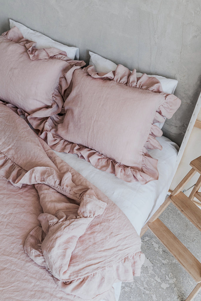 Natural Linen Duvet Set Ruffled - Duvet Comforter Cover and Two Pillow